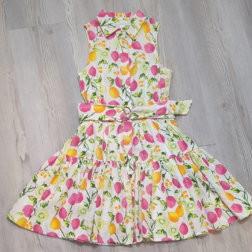 Cynthia Rowley 2 Fruit Kiwi Dress Sleeveless Pink Orange White Collar Button Up